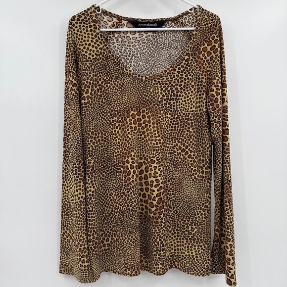 Norma Kamali Top Women XL Brown Animal Print Stretch Long Sleeve Scoop Neck - Picture 1 of 12